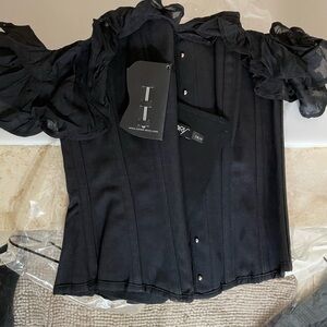 Corset Story Black Corset Top with Sheer Off-Shoulder Ruffle Sleeves